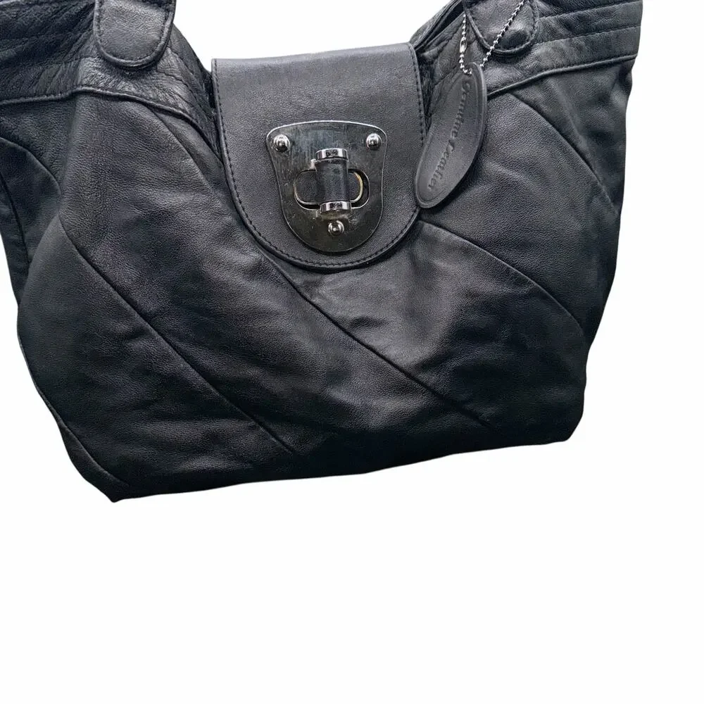 Pelle Studio Black Leather Tote Shoulder Bag Silver Turnlock